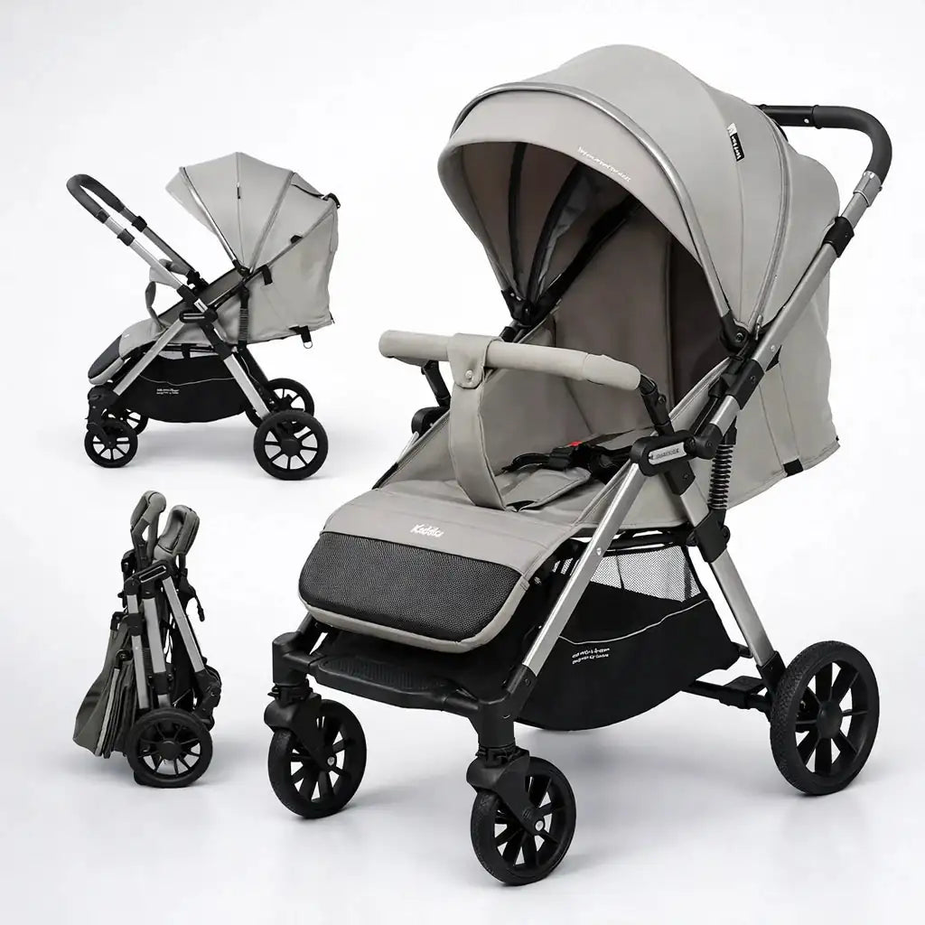 Kidilo D3 Baby Stroller in Grey with Compact Foldable Design Safety Harness and Canopy