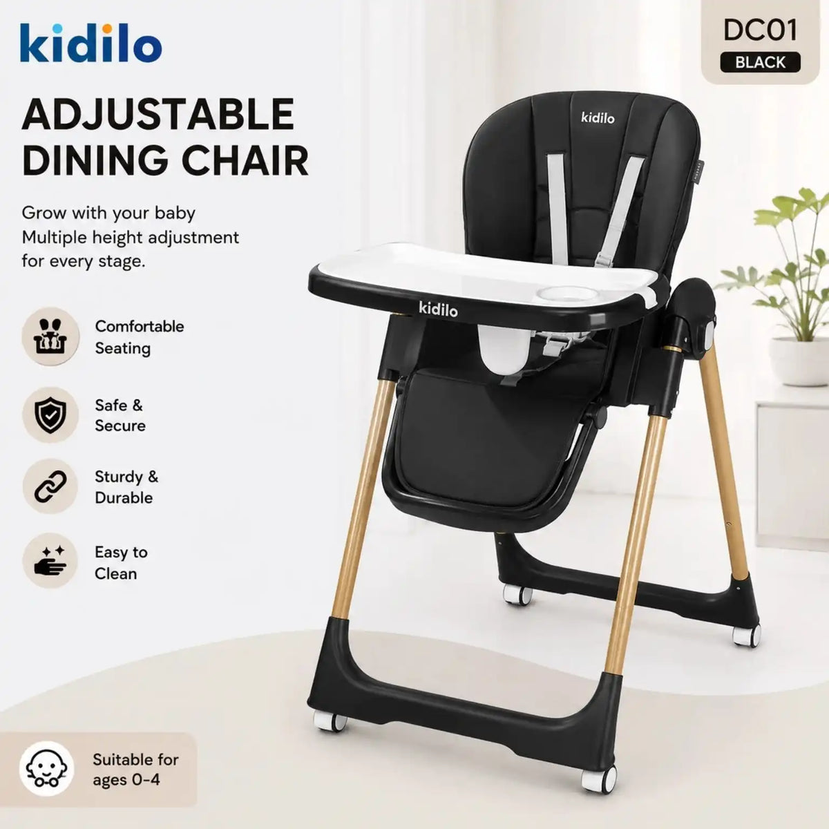Kidilo DC01 adjustable baby dining chair with foldable frame