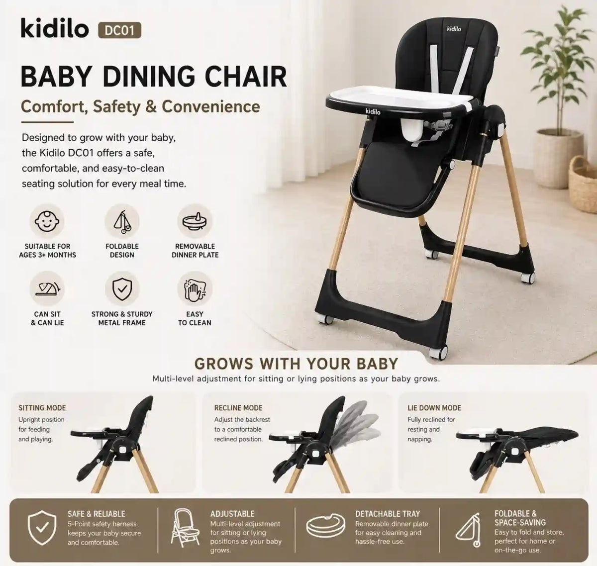 Kidilo DC01 baby dining chair product specifications and features