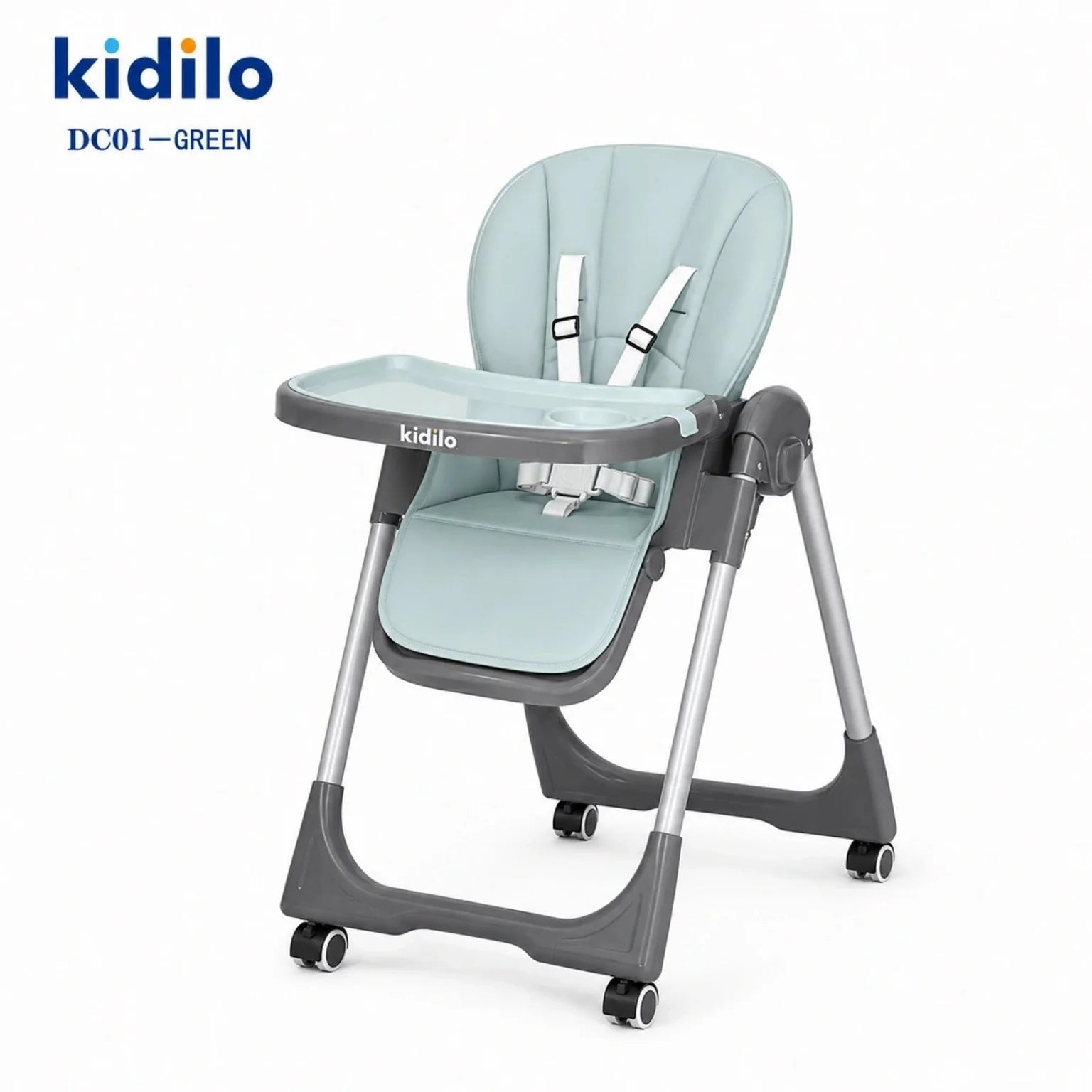 Kidilo DC01 adjustable baby high chair in mint green with safety harness
