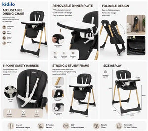 Kidilo DC01 baby high chair PU seat cushion and removable tray details