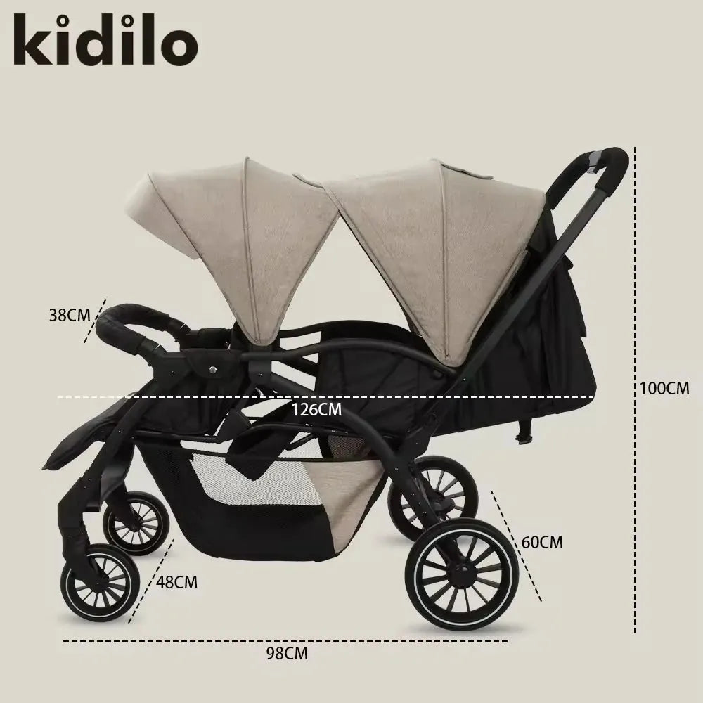 Kidilo LB200 Twin Baby Stroller Showing Multiple Double Seat Position Configurations