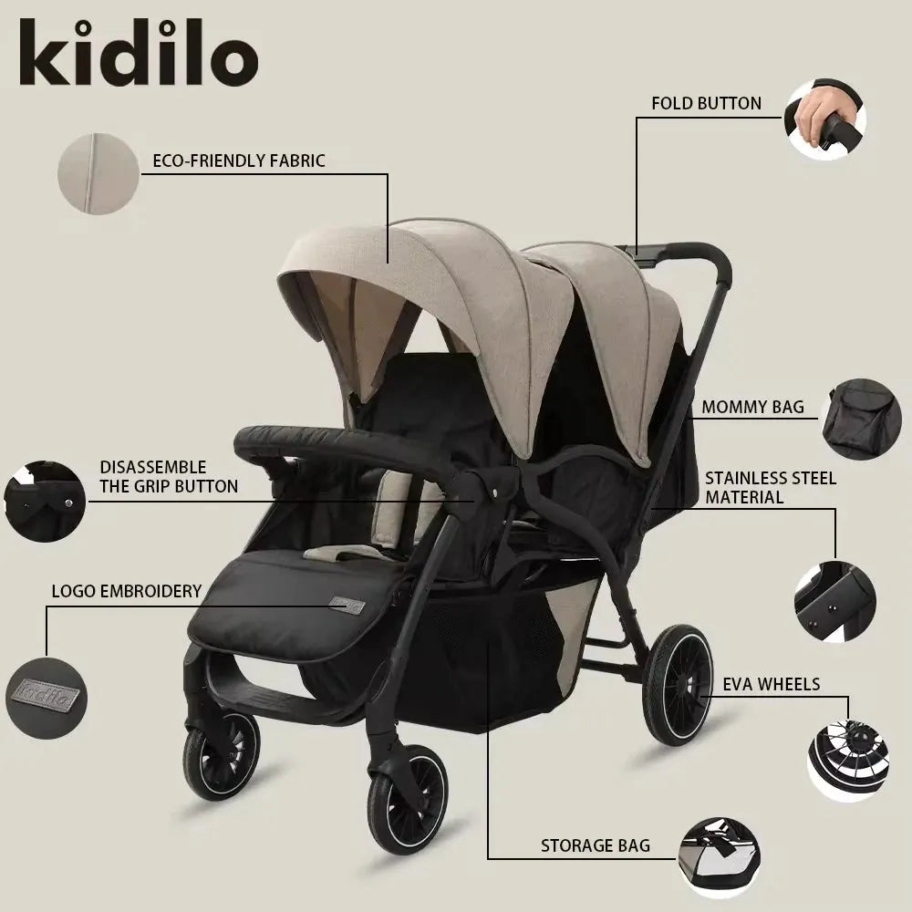 Kidilo LB200 Twin Baby Stroller with Double Seats Canopies Storage Basket and EVA Wheels