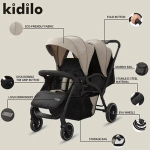 Kidilo LB200 Twin Baby Stroller with Double Seats Canopies Storage Basket and EVA Wheels