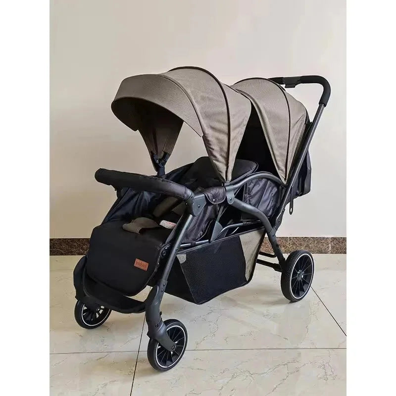 Kidilo LB200 Beige Twin Baby Stroller with Dual Canopies for Two Babies