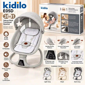 Kidilo E05D 3-in-1 baby bassinet features with adjustable recline, melodies and touch control
