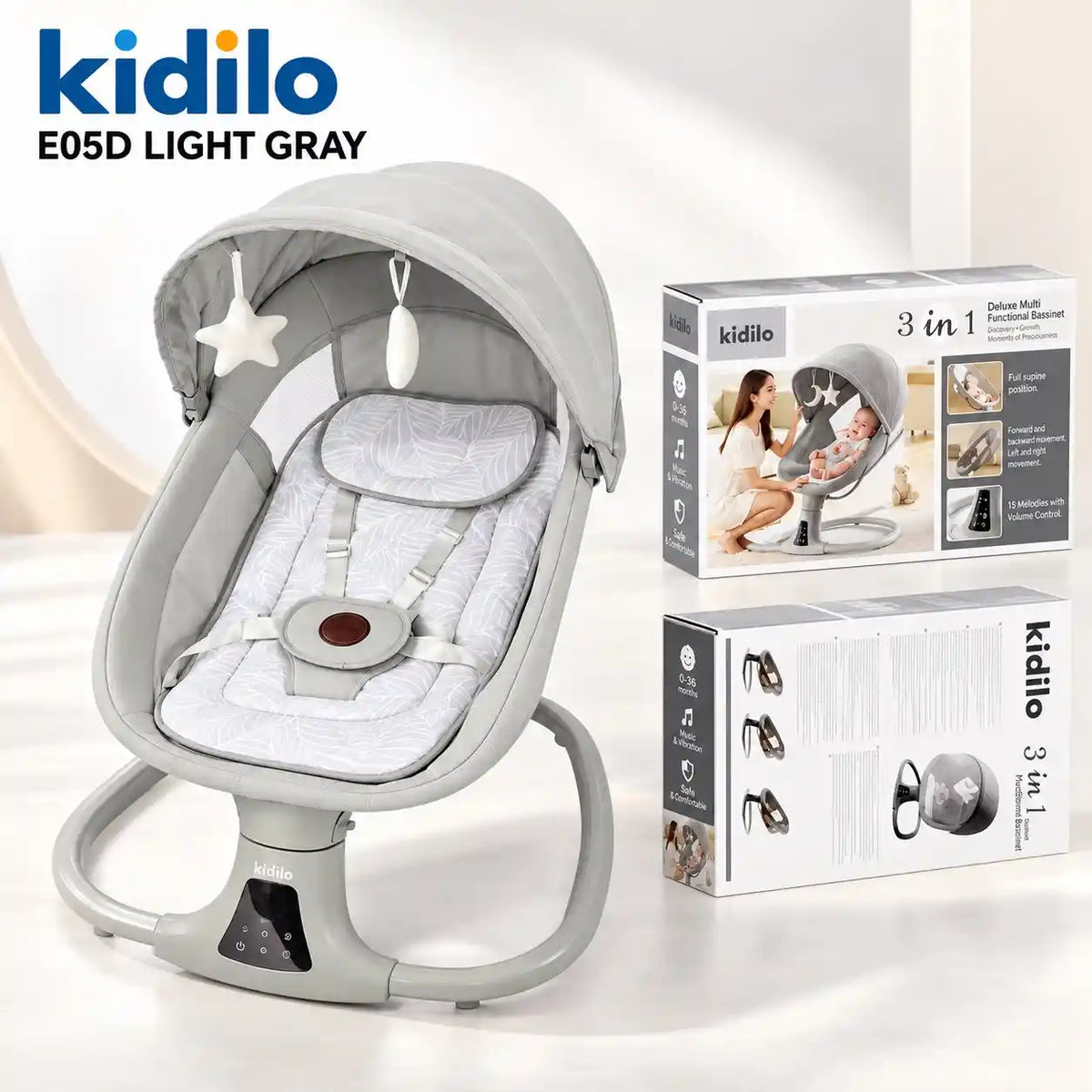 Kidilo E05D 3-in-1 electric baby bassinet light grey with remote control