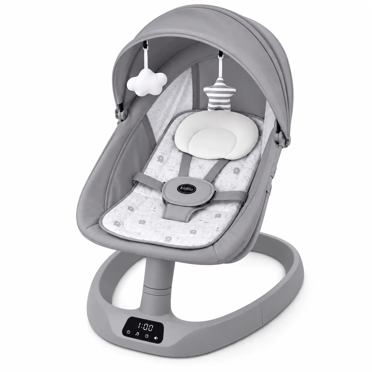 Kidilo Grey Baby Electric Swing with Canopy, Safety Harness and Digital Control Panel