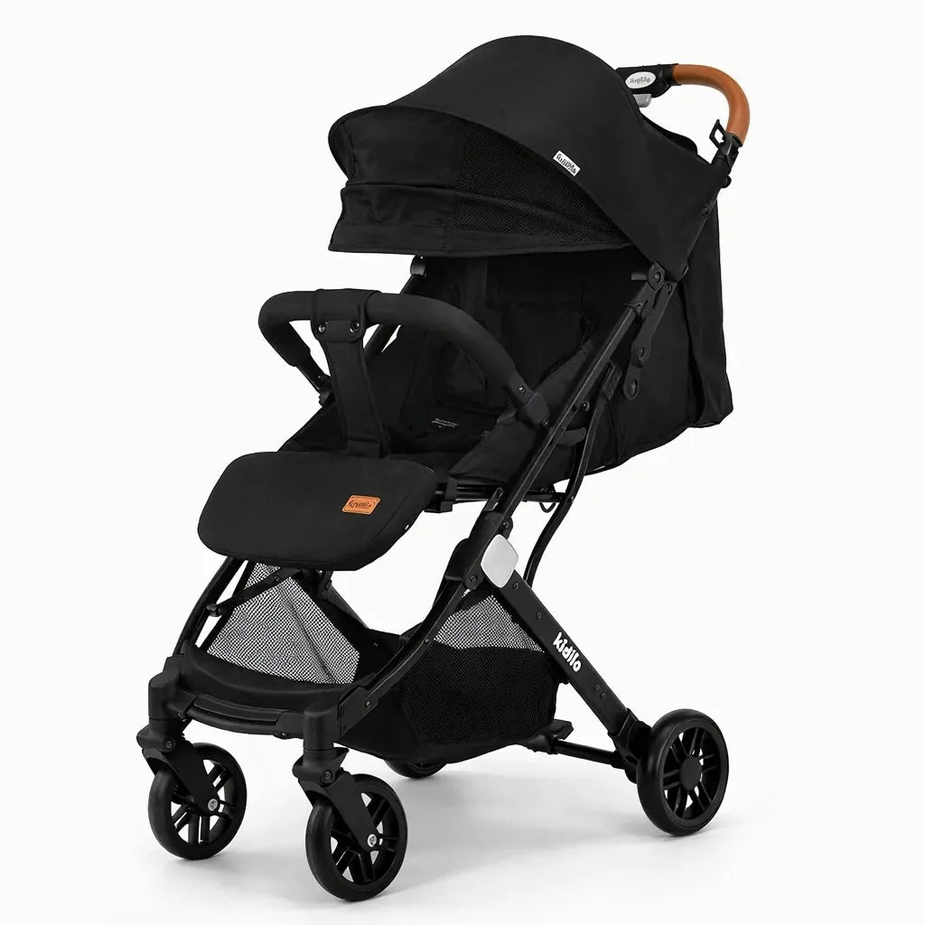 Kidilo K8 Baby Stroller in Black with Safety Harness Smooth Wheels and Storage Basket