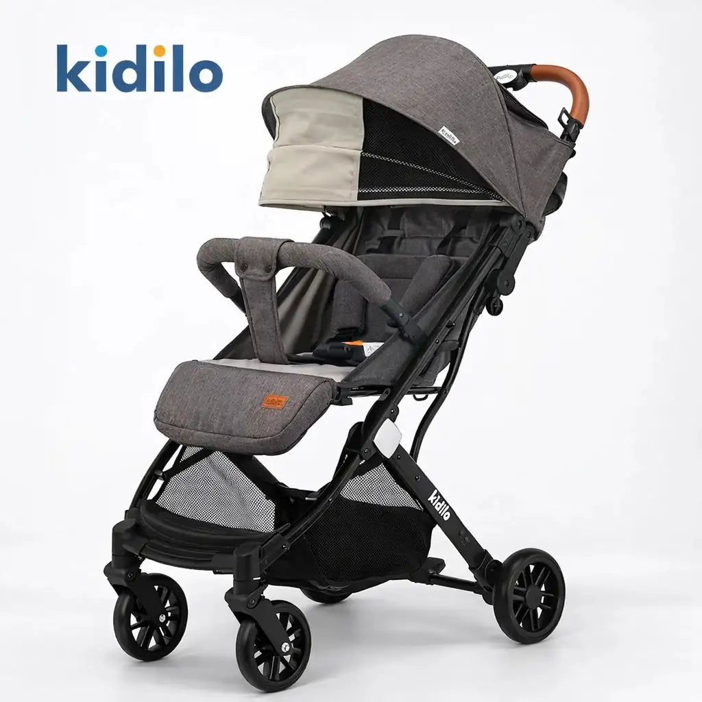 Kidilo K8 Foldable Baby Stroller in Khaki with Comfortable Padded Seat and Adjustable Canopy