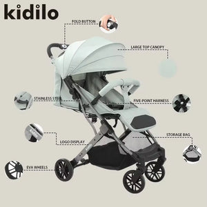 Kidilo Mint Green Convertible Baby Stroller with Adjustable Seat and Foldable Design