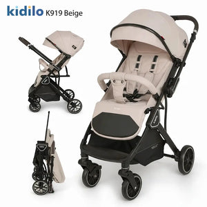 Kidilo K919 Foldable Baby Stroller in Beige with Adjustable Canopy and Compact Travel Design