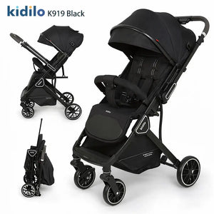 Kidilo K919 Baby Stroller in Black with 360 Degree Front Wheels and Safety Harness