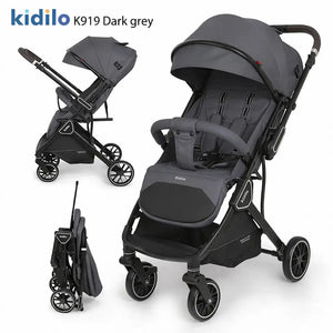 Kidilo K919 Foldable Baby Stroller in Dark Grey with Padded Seat and Large Storage Basket