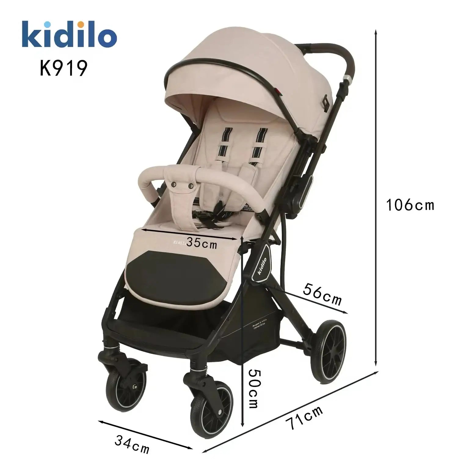 Kidilo K919 Foldable Baby Stroller Showing Product Size and Dimensions
