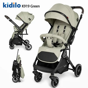 Kidilo K919 Baby Stroller in Green with Adjustable Canopy Smooth Wheels and Foldable Design