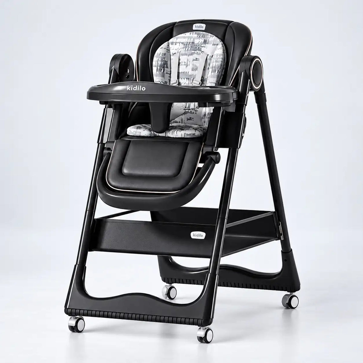 Black Kidilo KD505 baby feeding high chair with padded seat, tray and wheels.