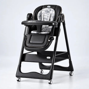 Black Kidilo KD505 baby feeding high chair with padded seat, tray and wheels.