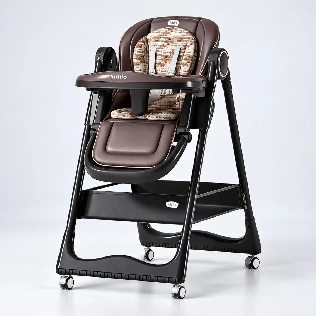 Brown Kidilo KD505 baby feeding chair with patterned cushion and safety harness.
