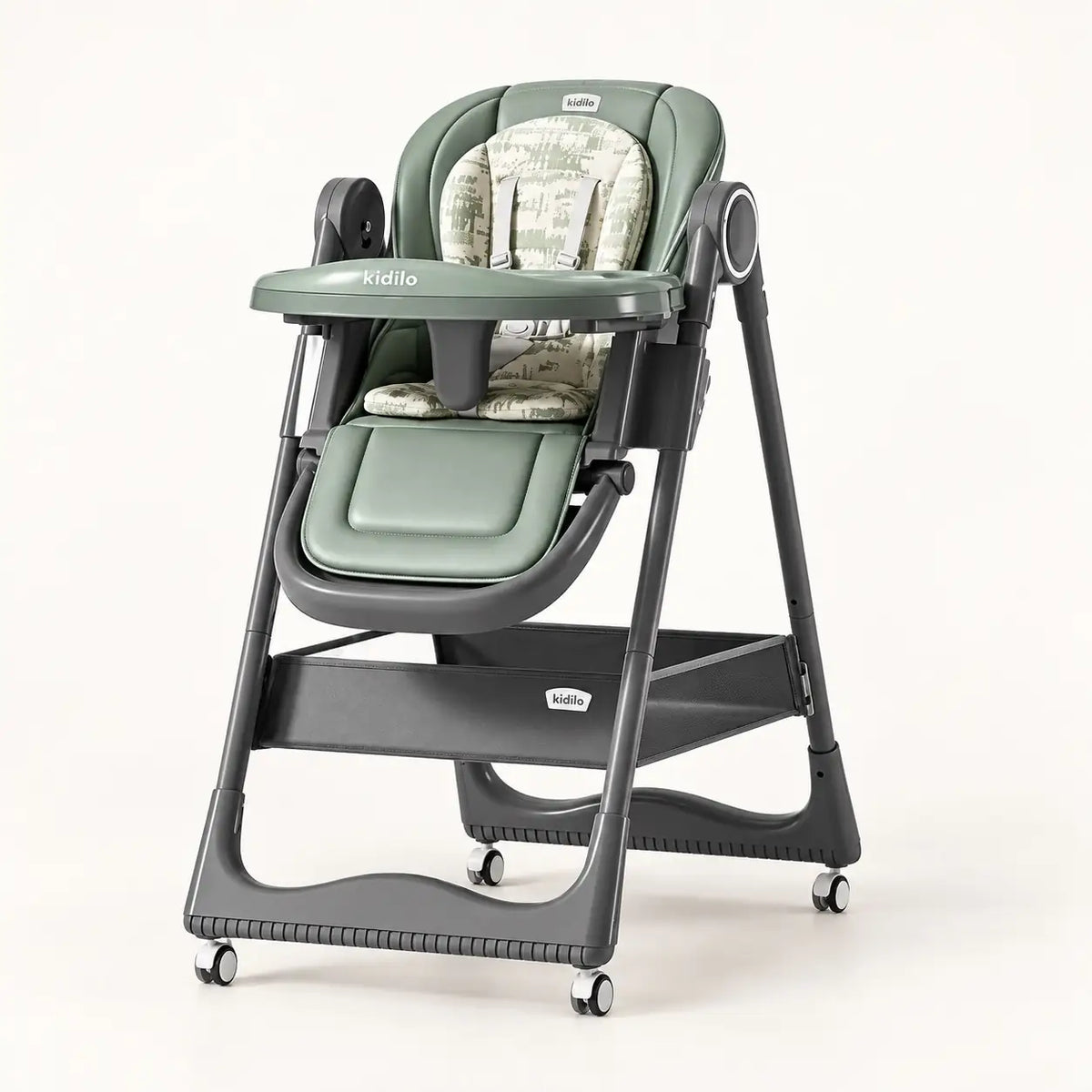 Green Kidilo KD505 baby high chair with dining tray, footrest and storage basket.