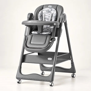 Grey Kidilo KD505 baby feeding high chair with cushioned seat, tray and wheels.