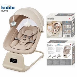 Kidilo RC002 beige electric baby swing with canopy and product packaging