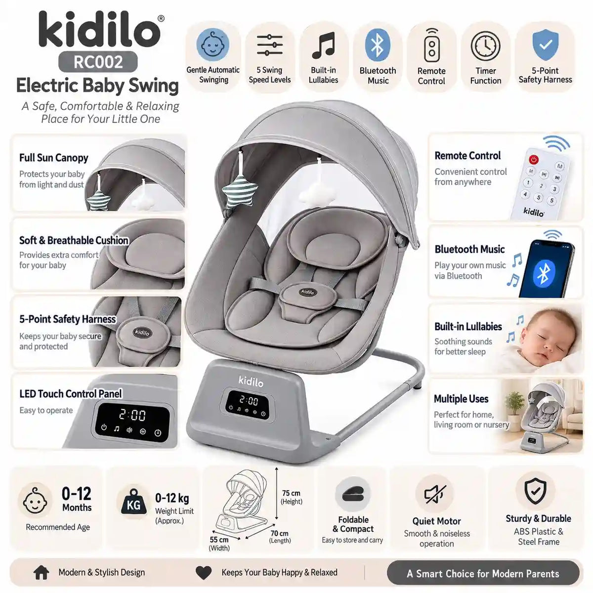 Kidilo RC002 electric baby swing features Bluetooth remote control and 5 swing speeds