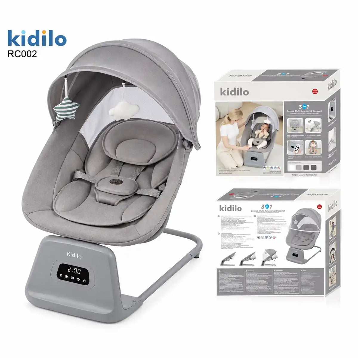Kidilo RC002 electric baby swing grey with canopy and retail box