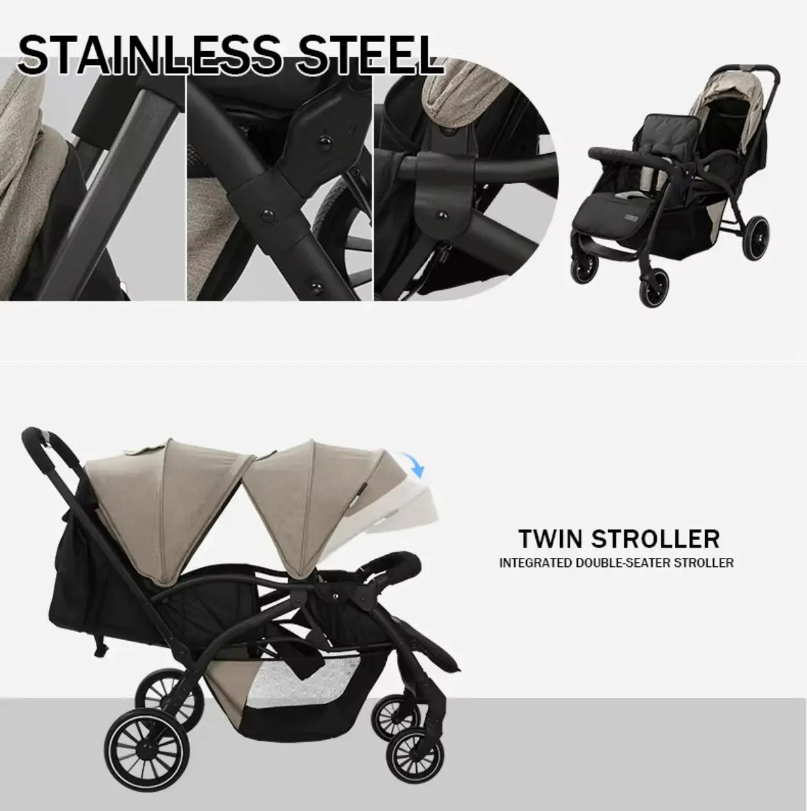Kidilo LB200 Twin Baby Stroller with Strong Stainless Steel Frame and Double Seat Design