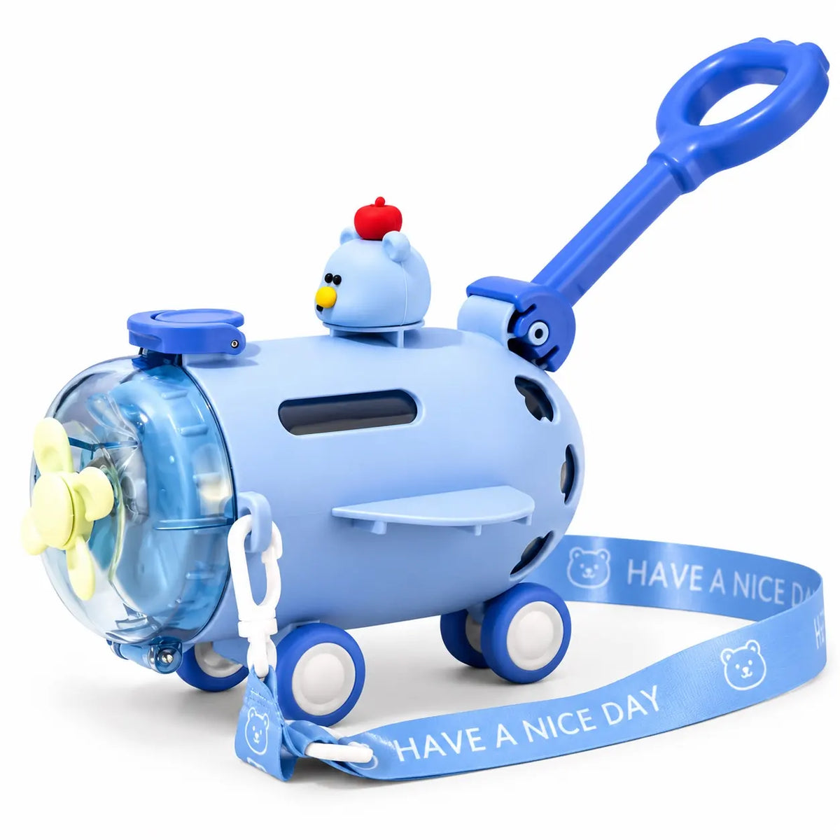 Kids Airplane Water Bottle 550ml Blue with Straw, Push Handle and Shoulder Strap