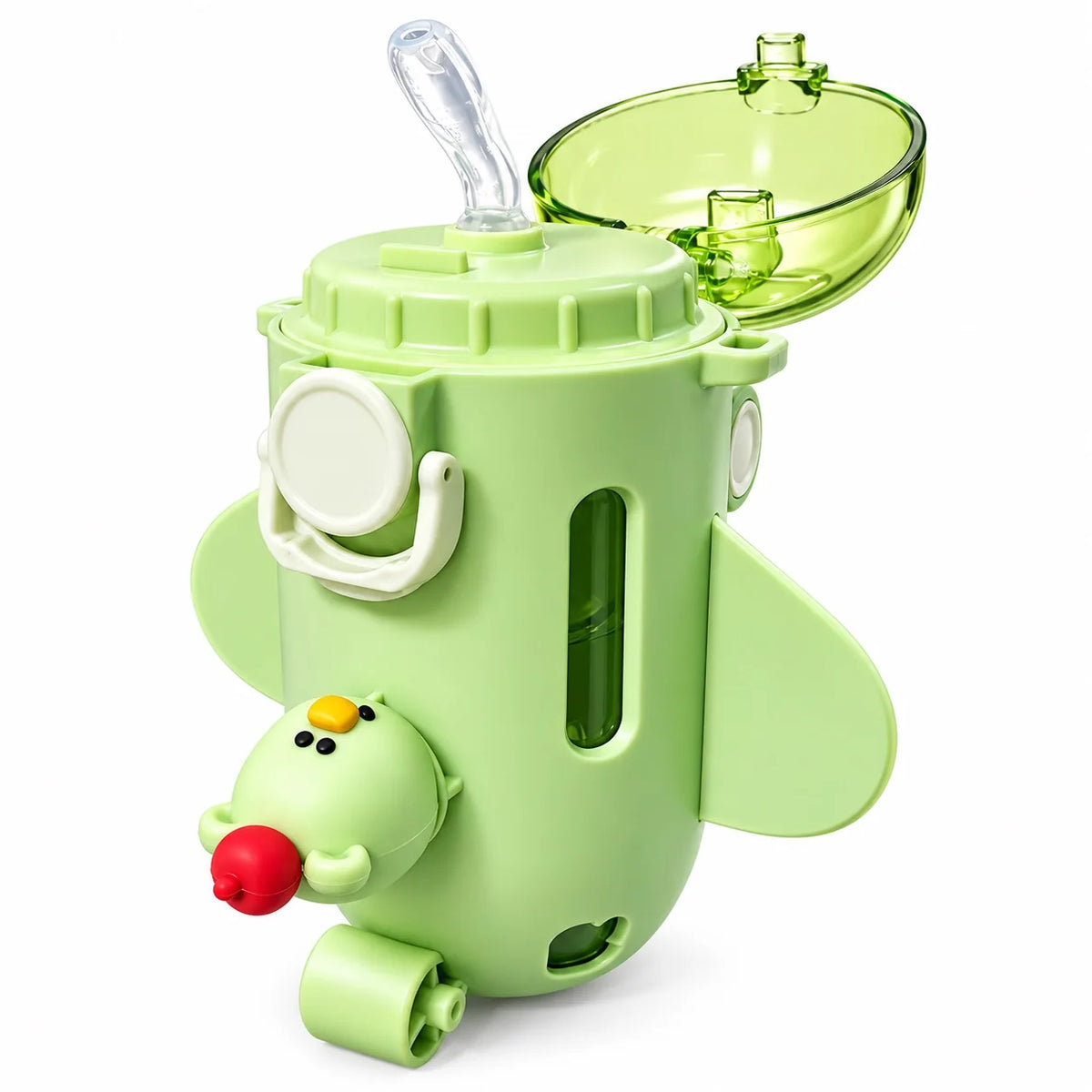 Kids Airplane Water Bottle 550ml Green Open Lid and Straw Detail