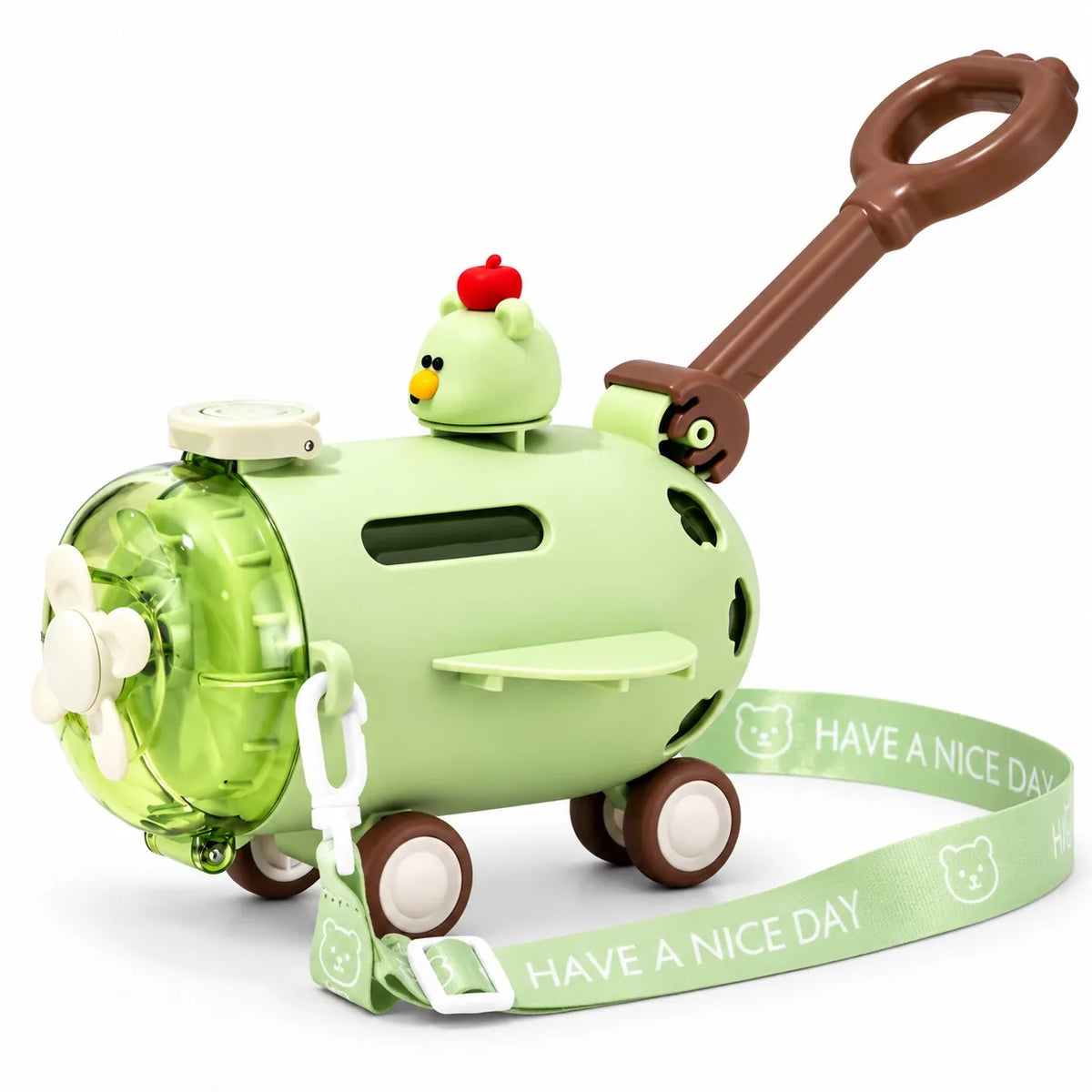 Kids Airplane Water Bottle 550ml Green with Straw, Push Handle and Shoulder Strap