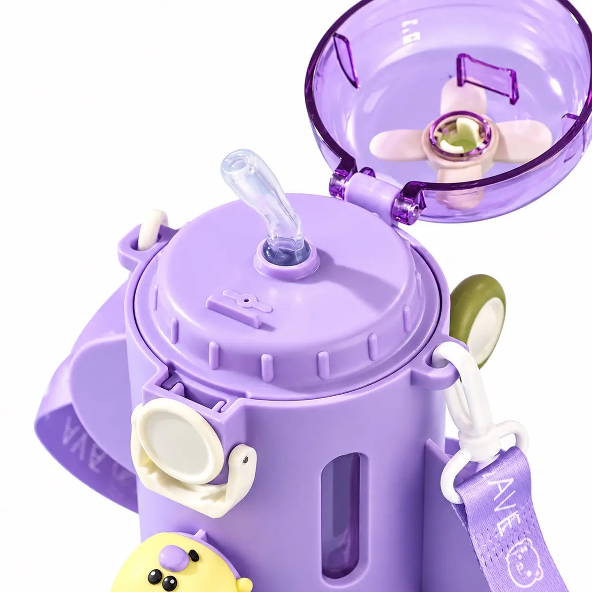 Kids Airplane Water Bottle 550ml Purple Open Lid and Straw Detail