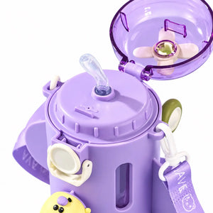 Kids Airplane Water Bottle 550ml Purple Open Lid and Straw Detail