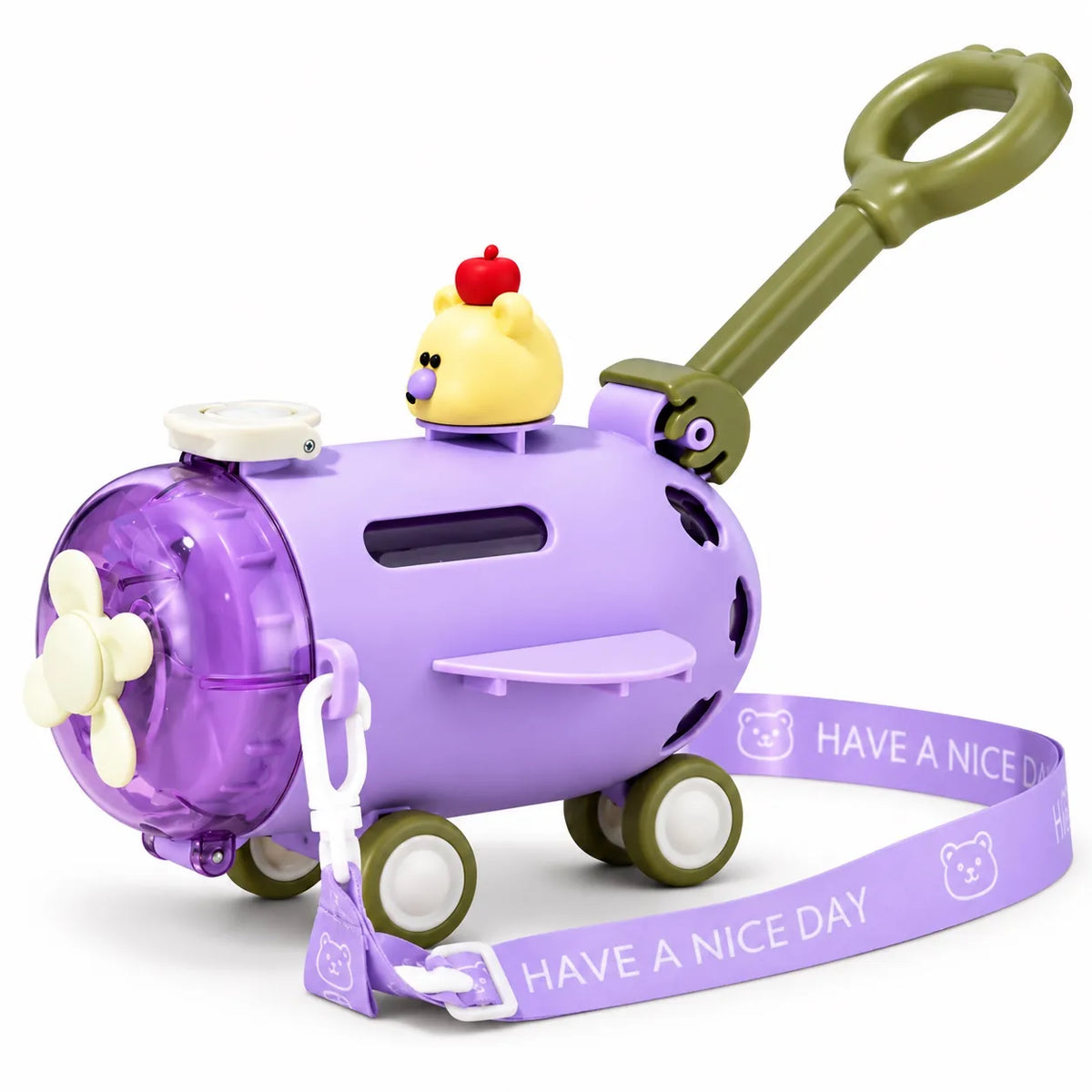 Kids Airplane Water Bottle 550ml Purple with Straw, Push Handle and Shoulder Strap