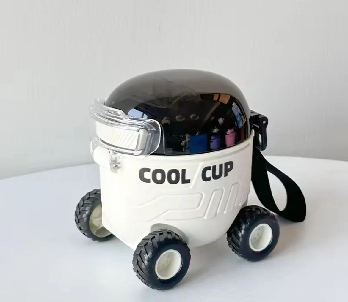 White and black car-shaped kids sipper cup with handle
