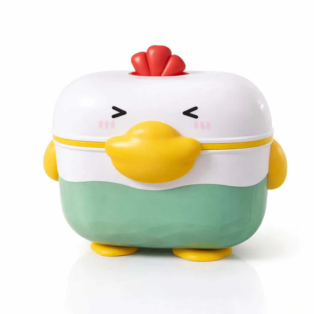Chicken Shape Baby Food Storage Container in Yellow and Green for Milk Powder Snacks and Baby Food