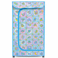 Blue cartoon-print kids portable wardrobe with zipper cover and three shelves