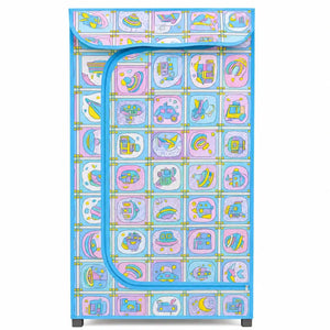 Blue cartoon-print kids portable wardrobe with zipper cover and three shelves