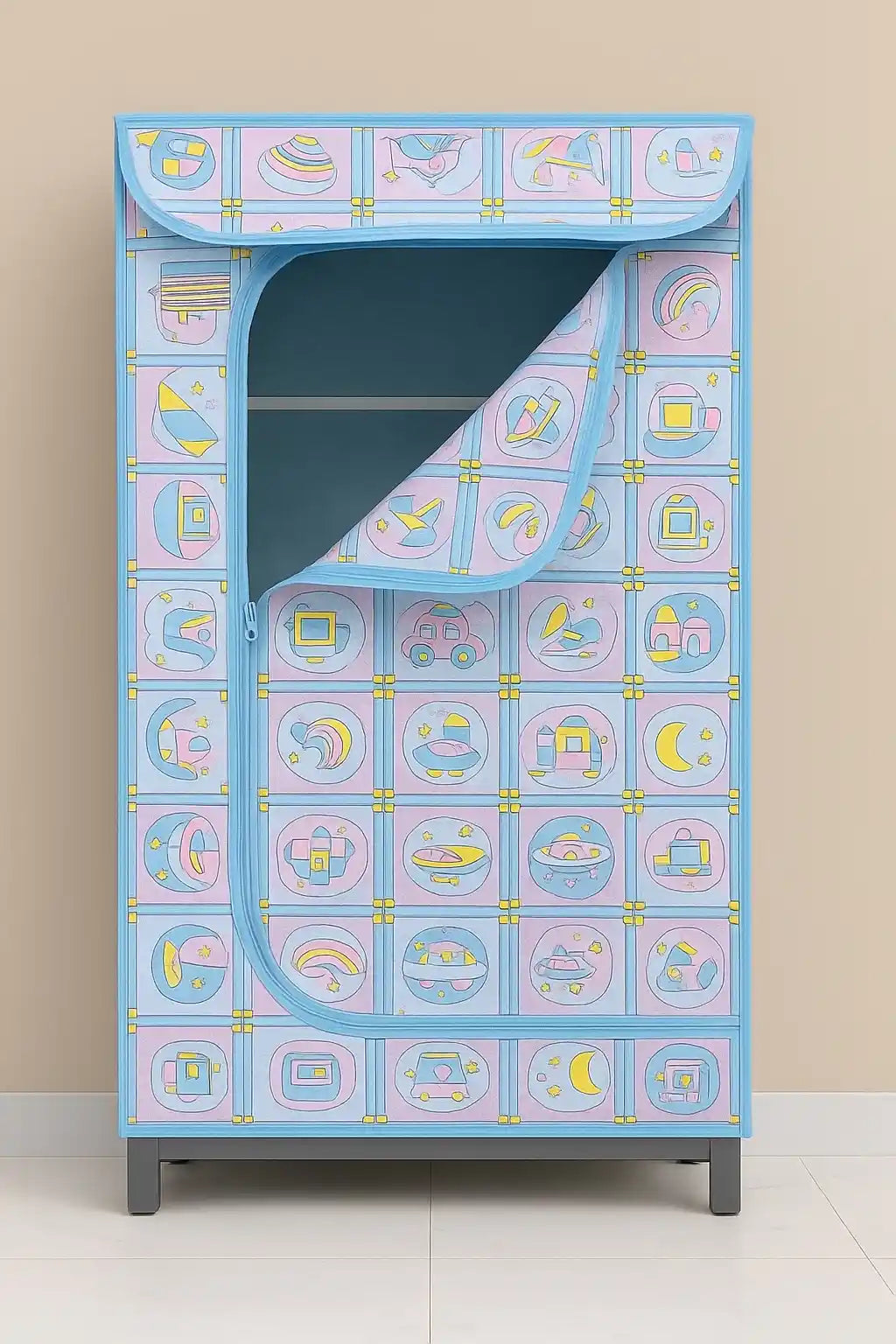 Front view of blue portable kids wardrobe with cartoon-print cover