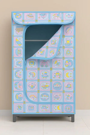 Front view of blue portable kids wardrobe with cartoon-print cover