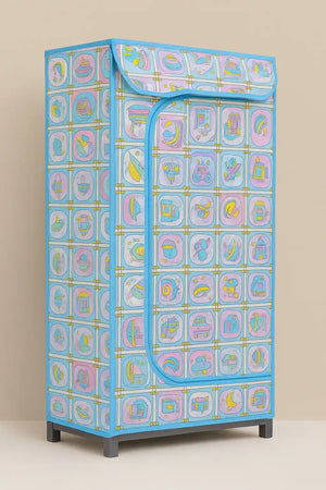 Angled view of blue kids portable wardrobe with zipper cover