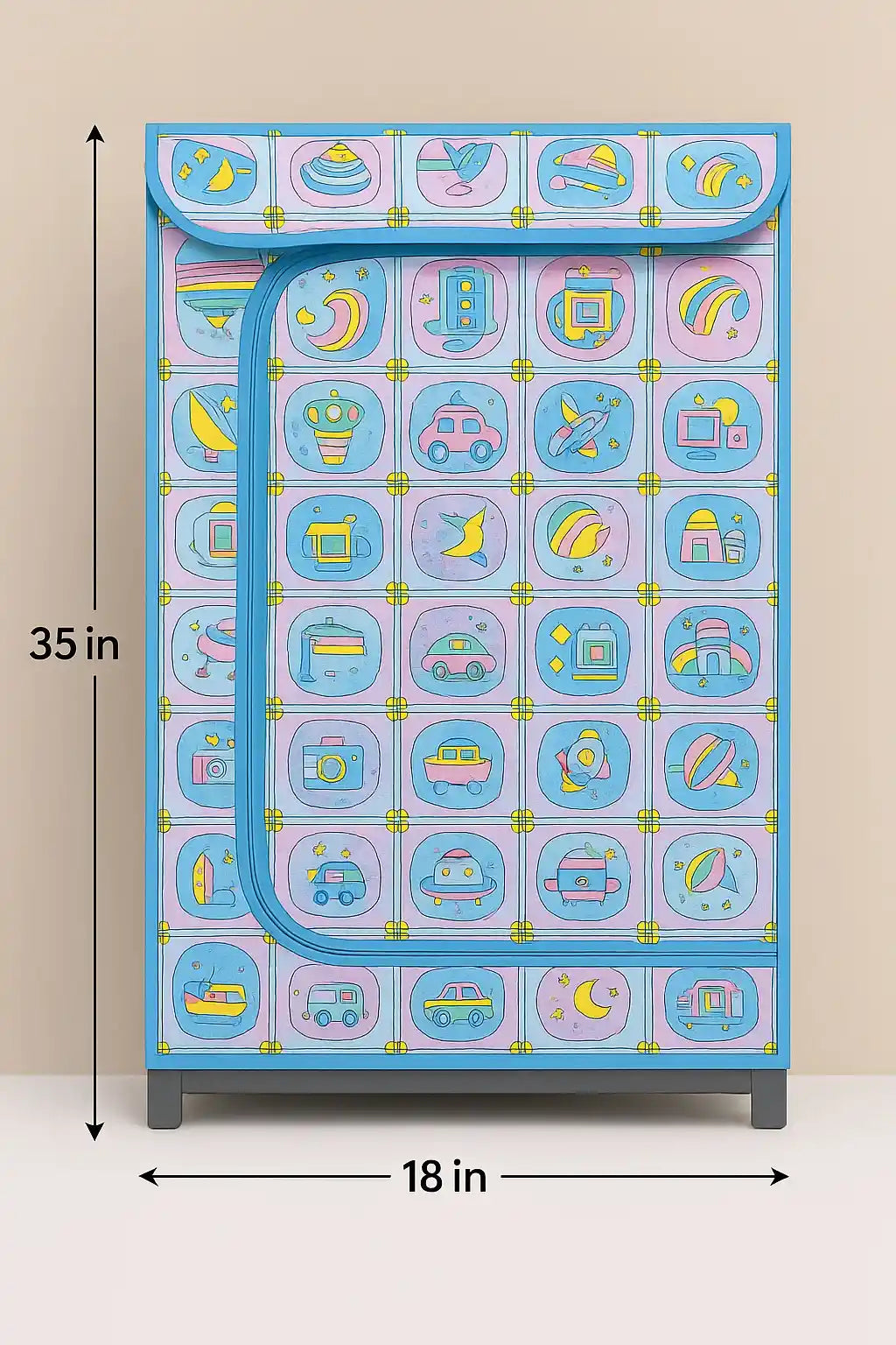 Side view of blue cartoon-print portable kids wardrobe