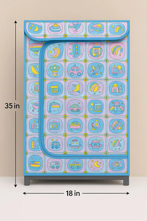 Side view of blue cartoon-print portable kids wardrobe