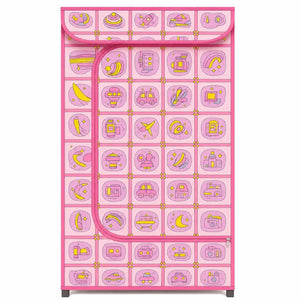 Pink cartoon-print kids portable wardrobe with zipper cover