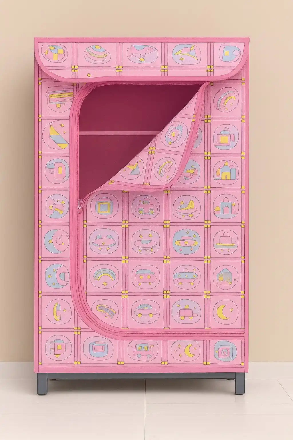 Front view of pink kids portable wardrobe with three storage shelves