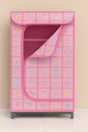 Front view of pink kids portable wardrobe with three storage shelves