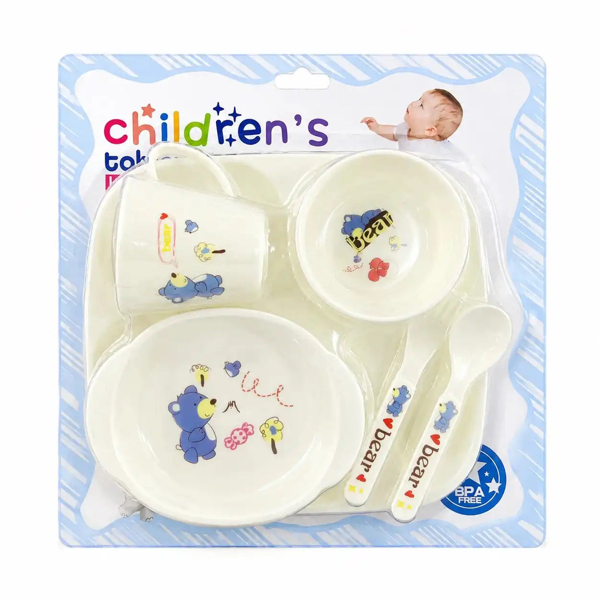 Kids feeding tableware set with bear design bowl plate cup spoon and fork in packaging