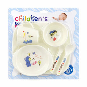Kids feeding tableware set with bear design bowl plate cup spoon and fork in packaging