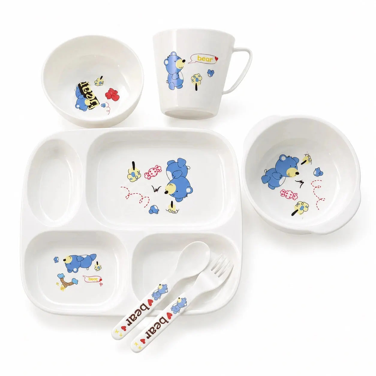 Kids feeding tableware set with blue bear design plate bowls cup spoon and fork